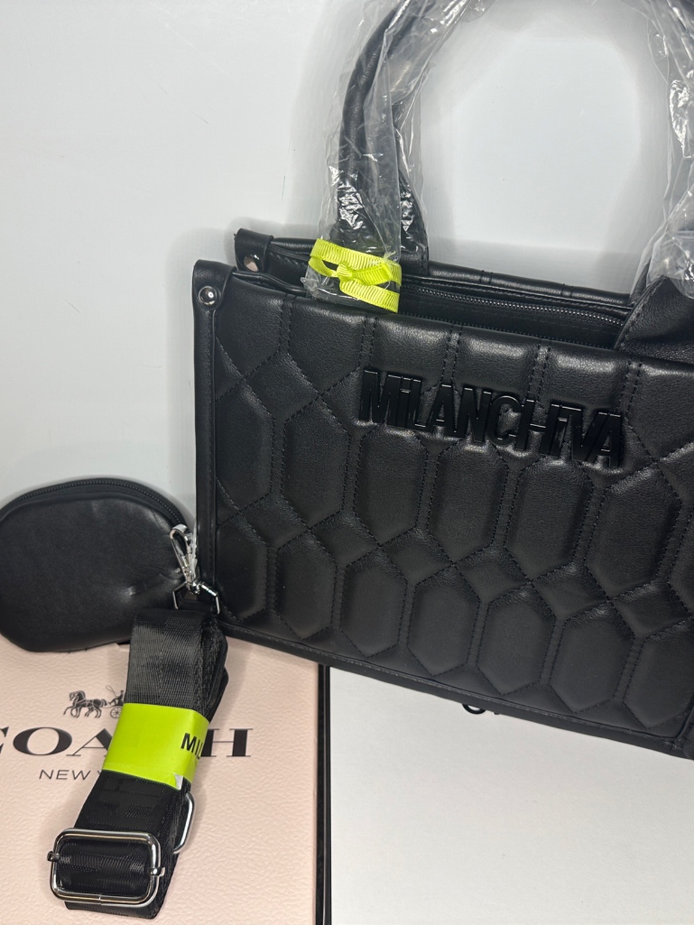 Coach Black Quilted Leather Key & Card Holder with Neon Yellow Accent Strap
